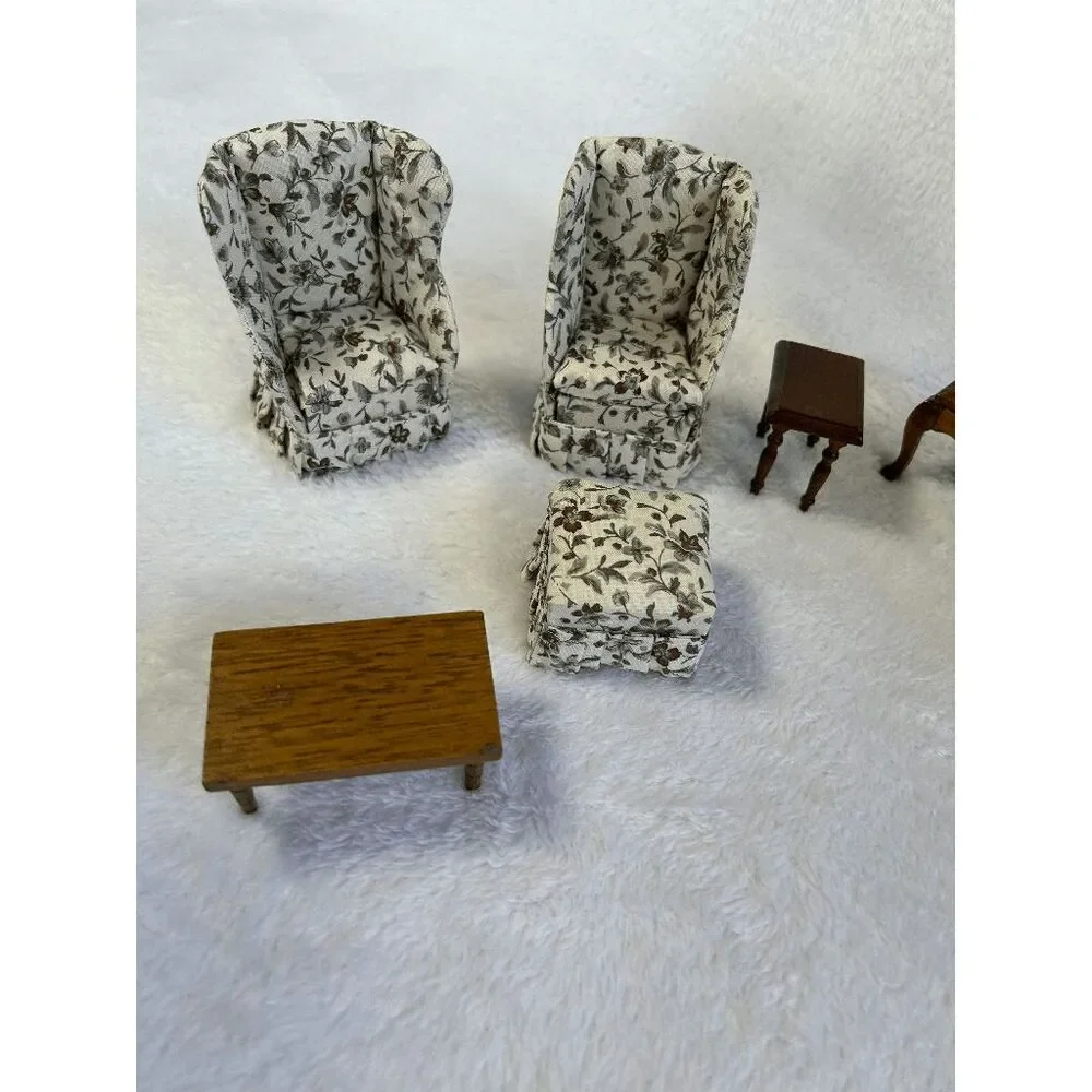 Miniature Doll House Furniture Lot, Wooden Pieces, Cloth Chairs, Vintage